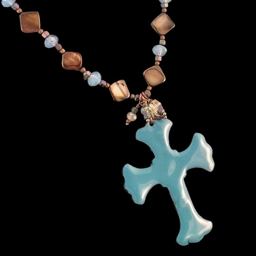 Handcrafted Turquoise Enamel Cross MOP & Copper, Crystal Bead Necklace - NEW